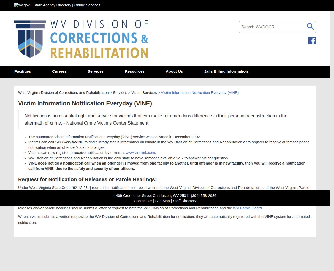 WVDCR VINE written and automated release notification for Putnam County
